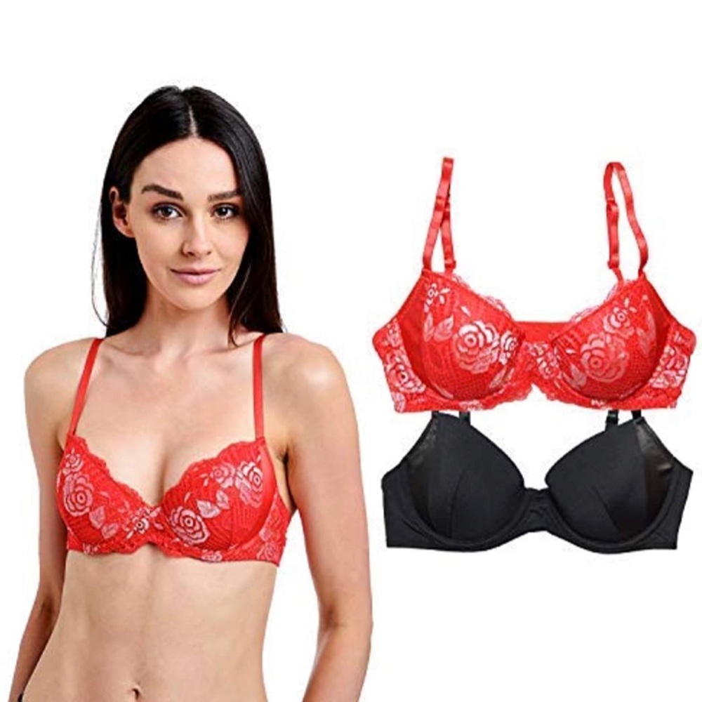 BCBGMAXAZARIA 2 Pack Micro Balconette Bras With Satin Cradle red black size 38C